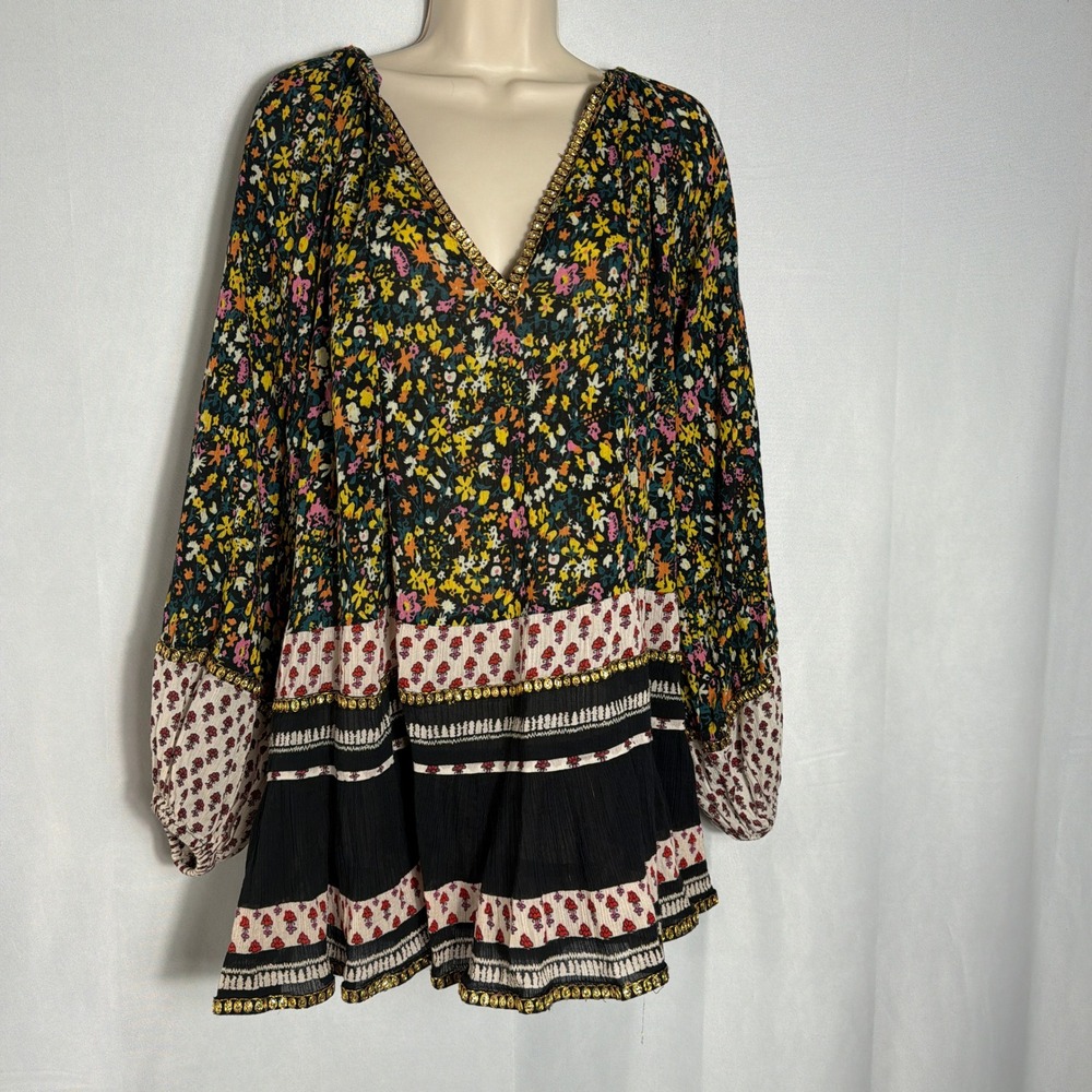 Free People Tunic Mixed Floral Beaded V-Neck Babydoll Size M Black Multi Women